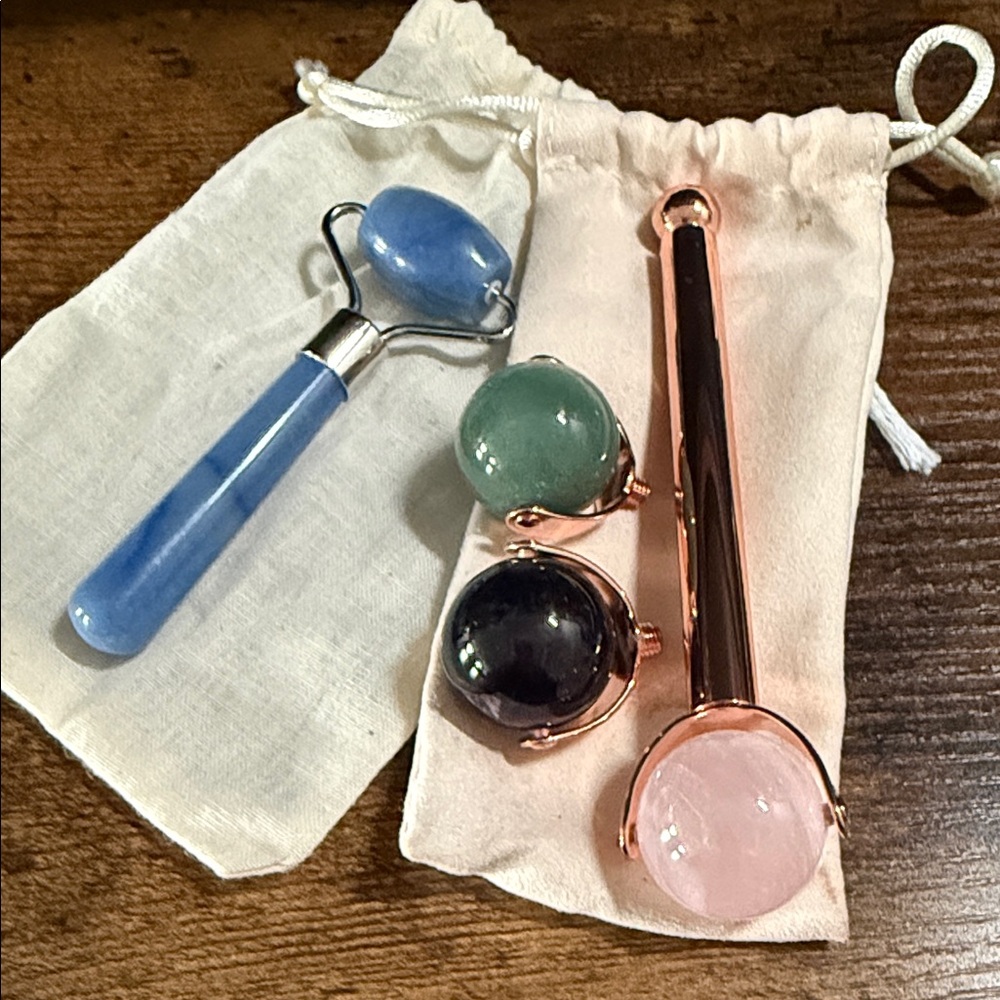 Sephora Rose Gold Facial Roller Set with Blue, Green, Black, and Pink Crystals